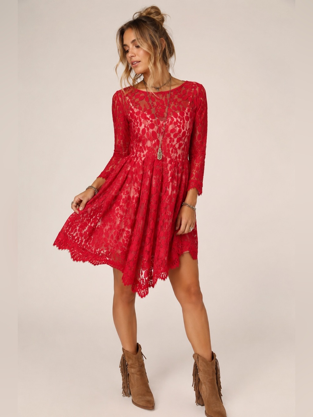 Free People Red Lace Dress Romantic Boho  Sheer Overlay Festival Party Dress 2/S